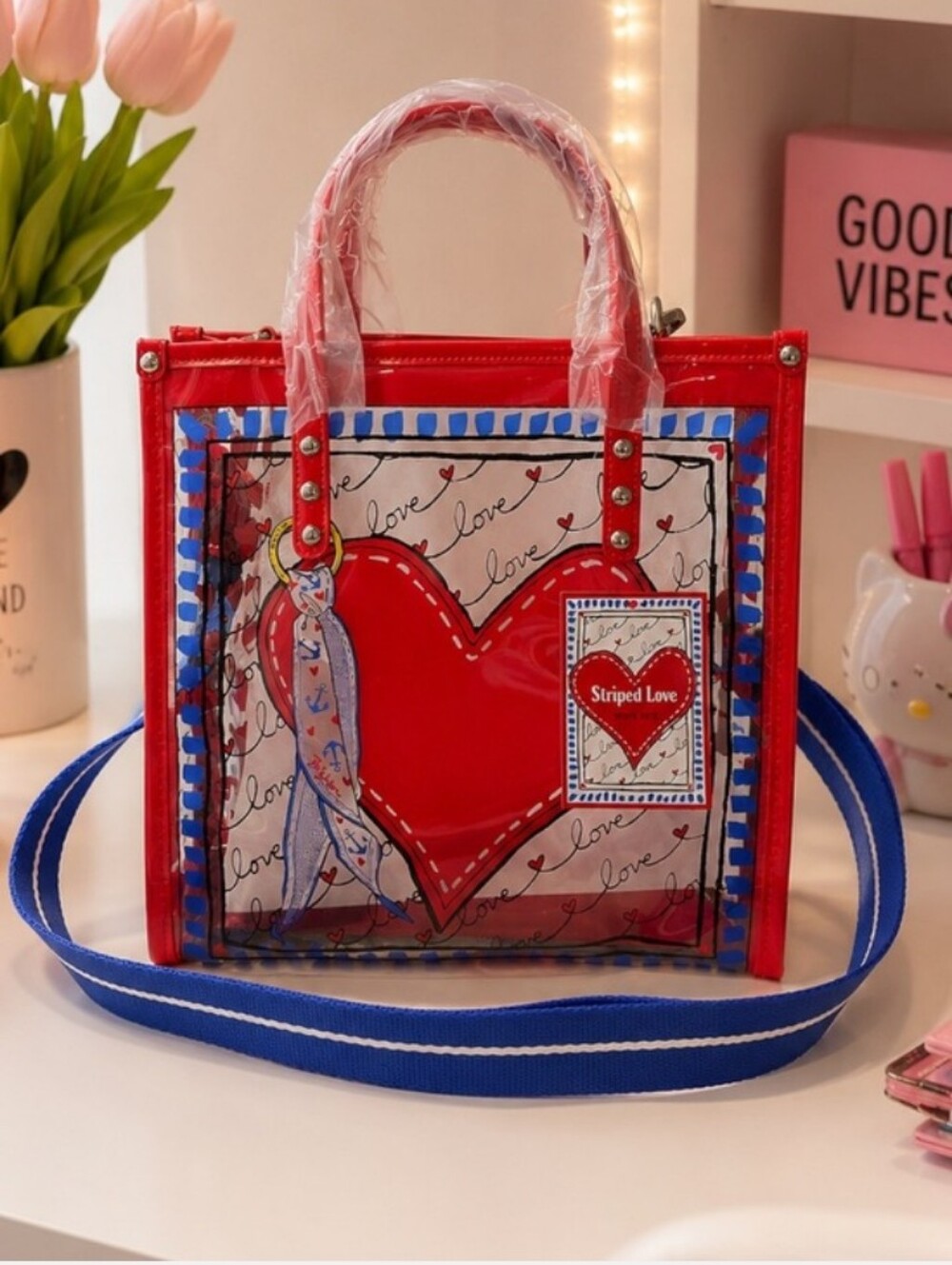 Brighton-Striped " Love " ♥️ Clear Vinyl Tote Bag - Crossbody - Picture 3 of 7